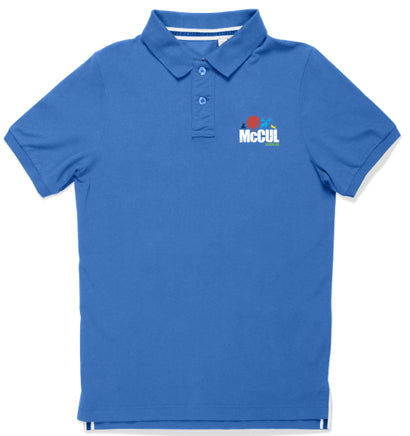 Mens Cobalt Blue Heavyweight Cotton Pique Polo Shirt with McCul Multi Colour Embroidery