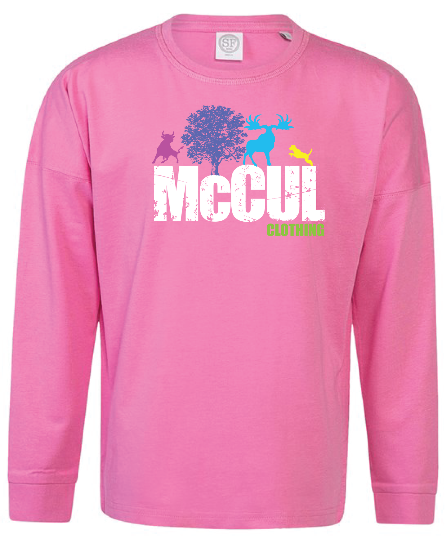 Girls Pink 100% Cotton  long sleeve top with McCul multi colour print