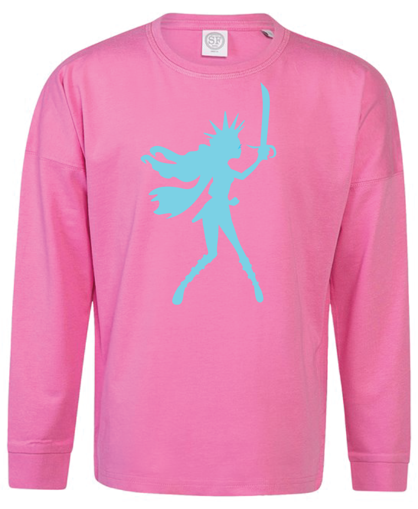 Girls Pink 100% Cotton long sleeve top with Blue Pirate Queen flock print.