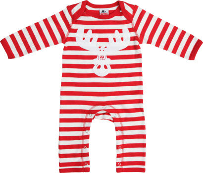 Babies Red/White Stripe Soft and Stretchy Rompasuit with Flock Cartoon Elk