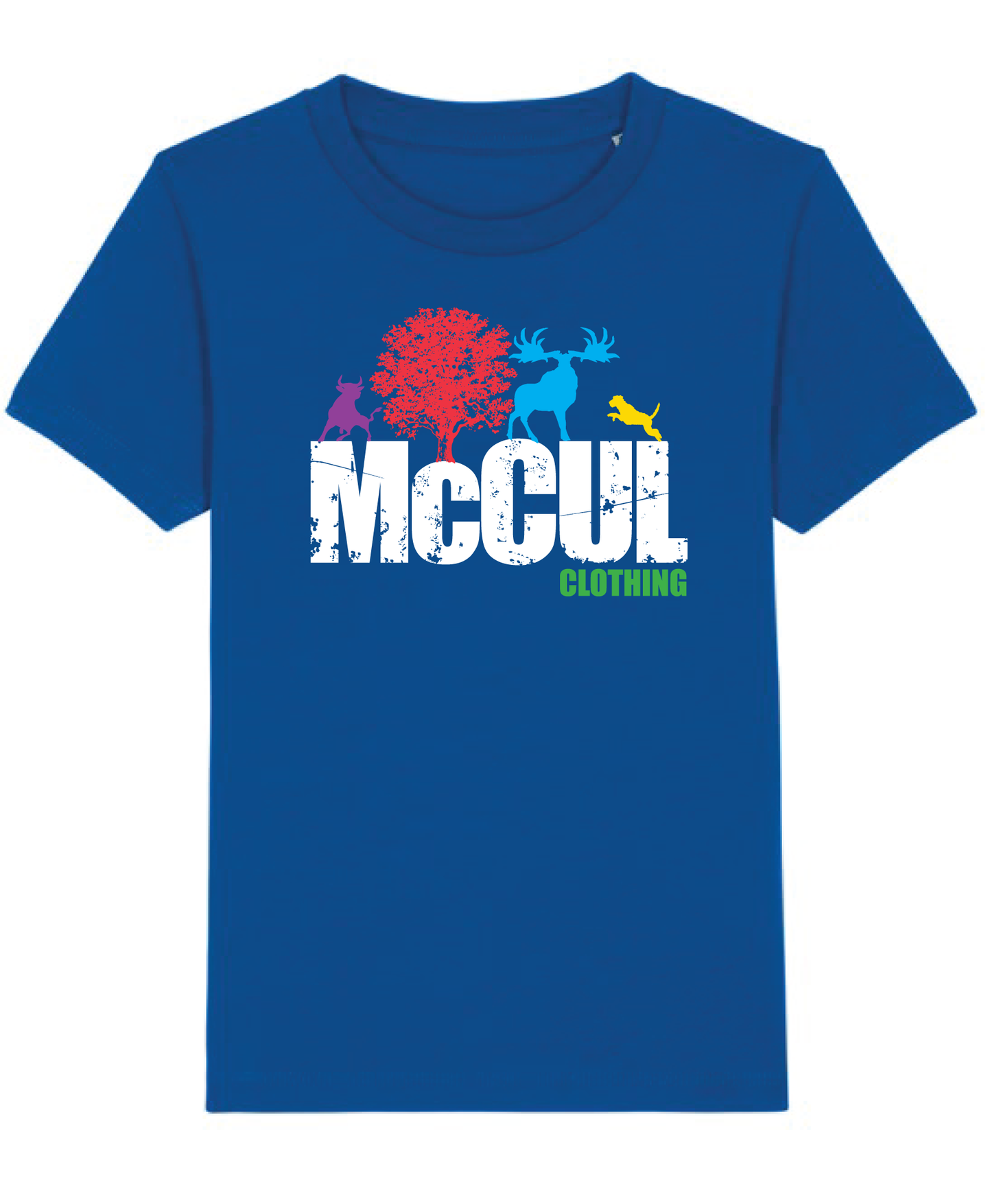 Boys New Blue Organic tee shirt with McCul print.