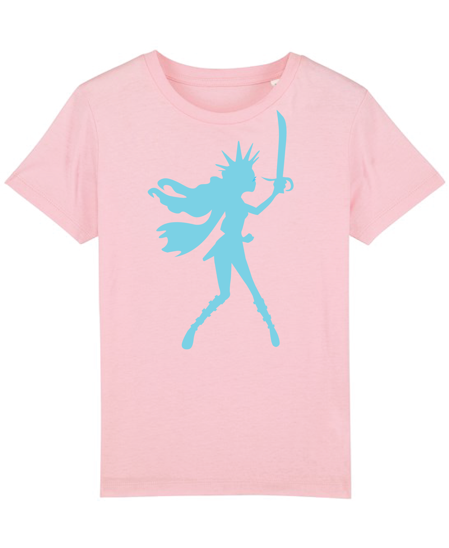 Girls New Pink Organic tee shirt with Blue Pirate Queen flock print.