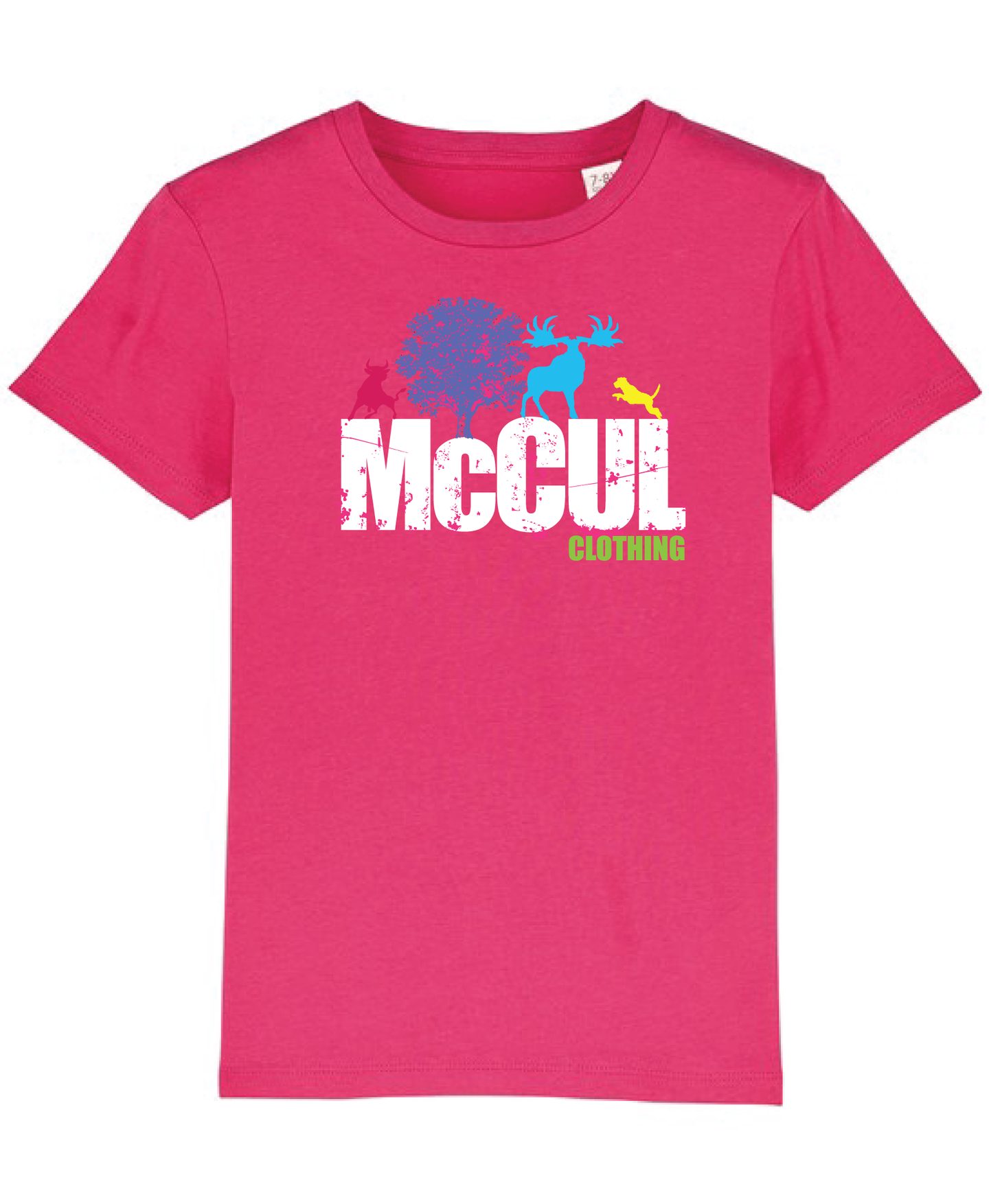 Girls New Raspberry Organic tee shirt with McCul print.