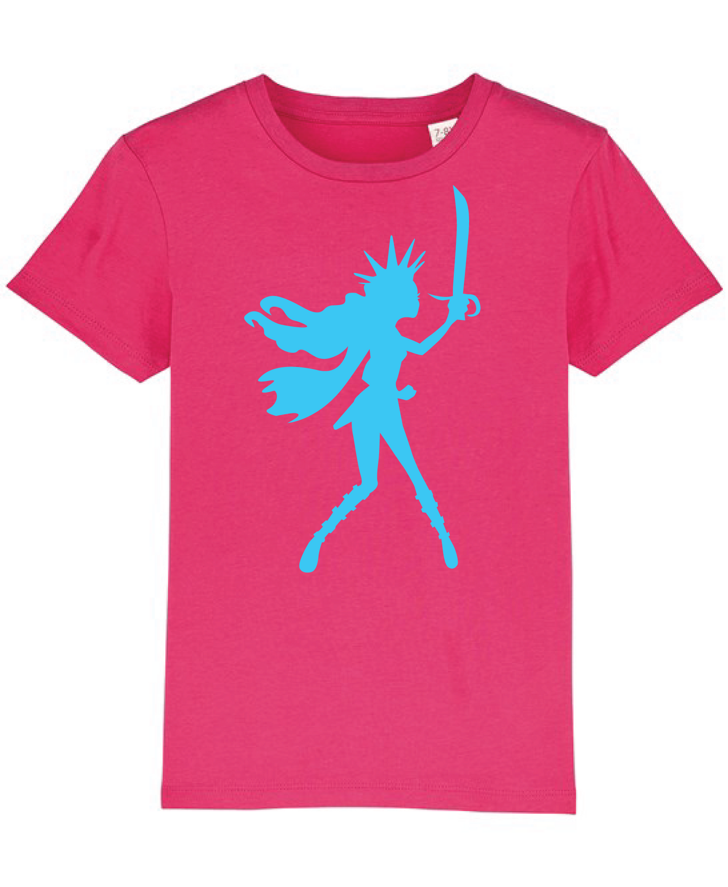 Girls New Raspberry Organic tee shirt with Turq Pirate Queen flock print.