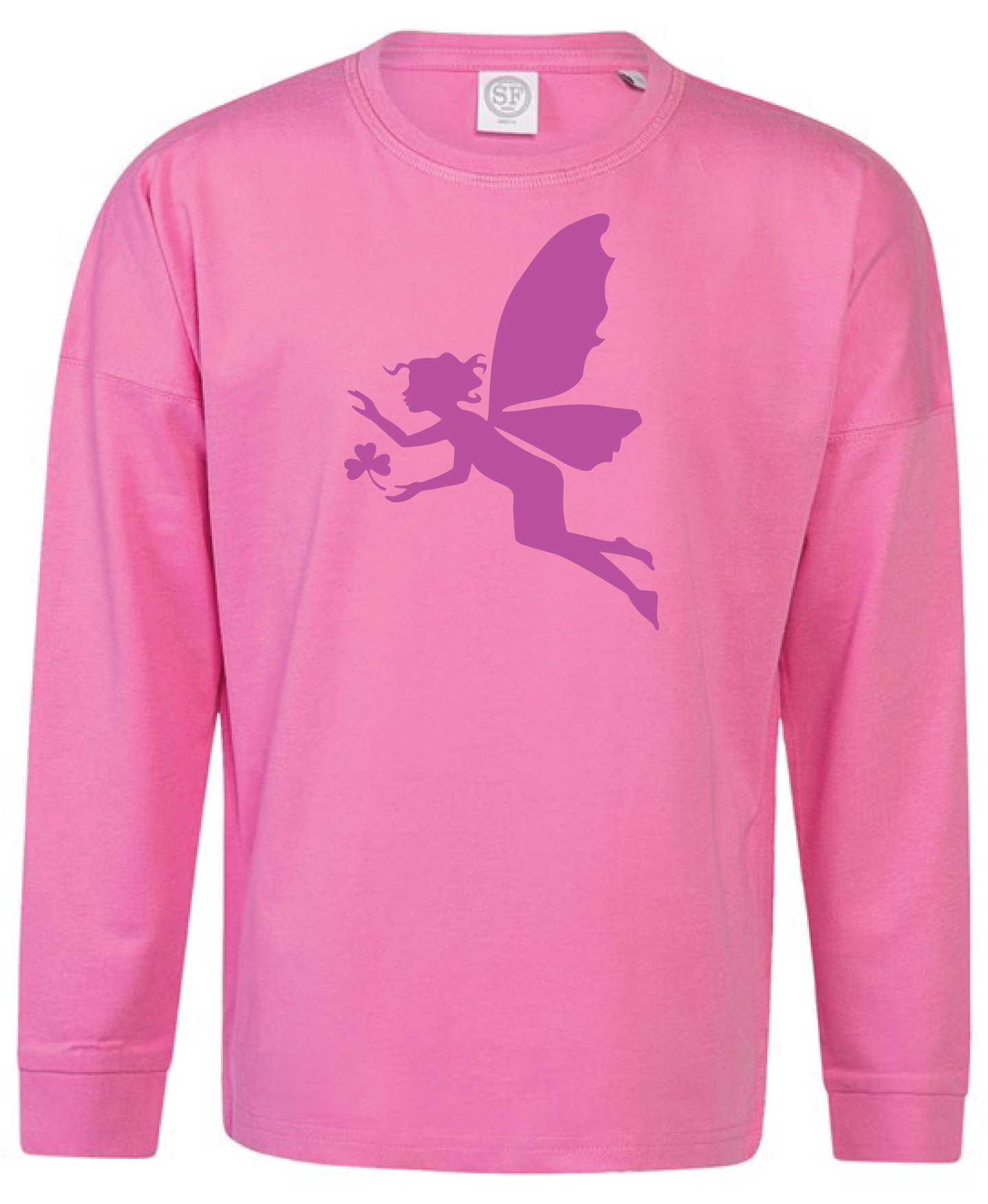 Girls Pink 100% Cotton long sleeve top with Cerise Fairy flock print.