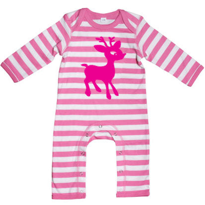 Babies Pink/White Stripe Soft and Stretchy Rompasuit with Flock Cartoon Elk