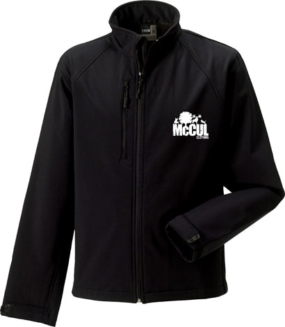Mens Black Softshell Jacket with McCul Embroidery Wind Resistant and Waterproof